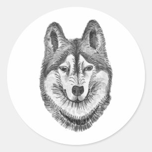 Sticker Rond Encre noir & blanc & Aquarelle Husky sibérien