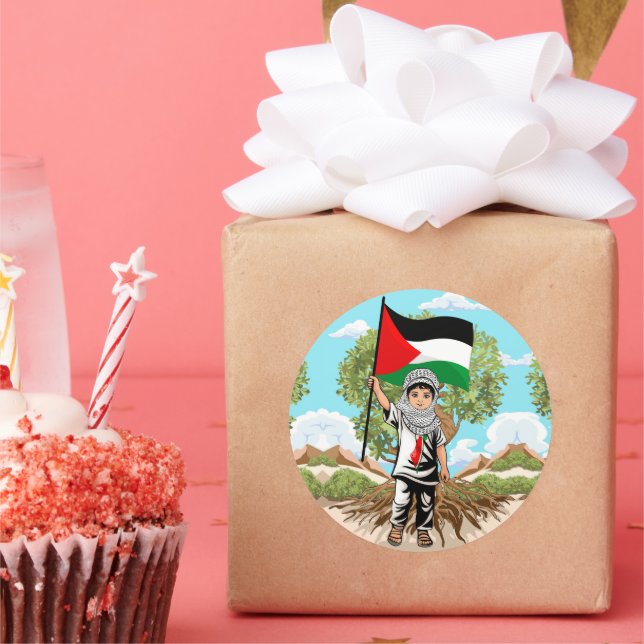 Sticker Rond Enfant avec Keffiyeh Palestine Drapeau et olivier (Fête)