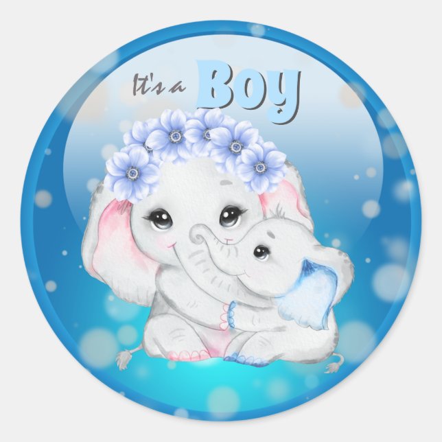 Sticker Rond Enfant éléphant avec mère c'est un garçon (Devant)