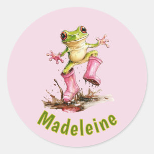 Sticker Rond Enfant grenouille en bottes de pluie roses monogra