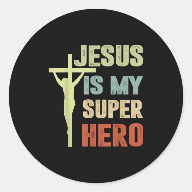 Sticker Rond Enfant Jésus Est Mon Superhéros Chrétien Dieu Fils (Devant)