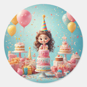 Sticker Rond Enfant joyeux célébrant son anniversaire avec un g