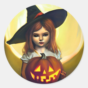 Sticker Rond Enfant sorcier vintage tenant un Jack-o-lanterne