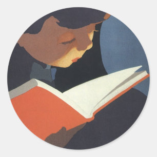 Sticker Rond Enfant Vintage lisant un livre de la bibliothèque