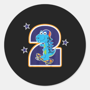 Sticker Rond Enfants 2e anniversaire drôle dinosaure skateboard