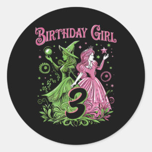 Sticker Rond Enfants 3e Anniversaire Sorcière rose et verte 3 A