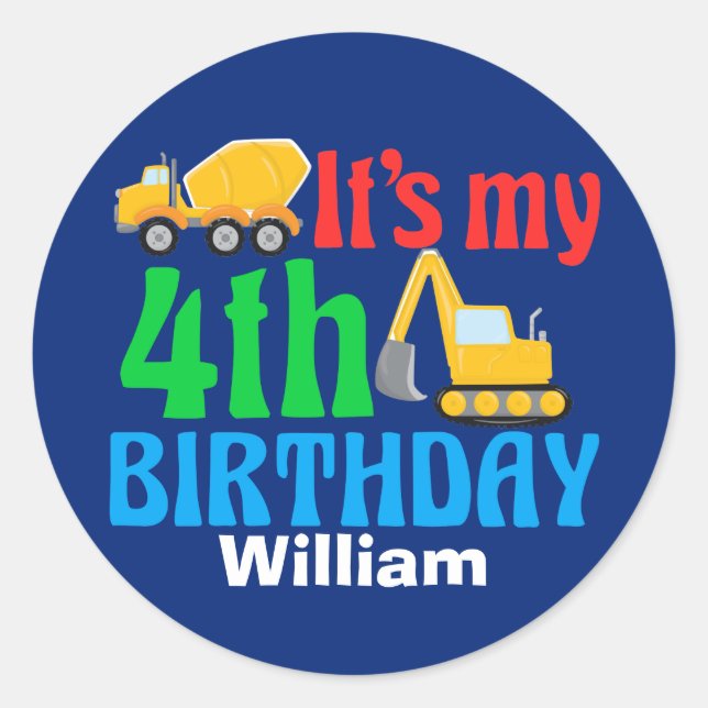 Sticker Rond Enfants 4e anniversaire Boy Construction Véhicule  (Devant)