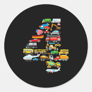 Sticker Rond Enfants 4ème anniversaire pour garçons véhicules c