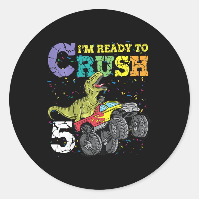 Sticker Rond Enfants 5 Ans 5Anniversaire Dinosaur Trex garçon g (Devant)