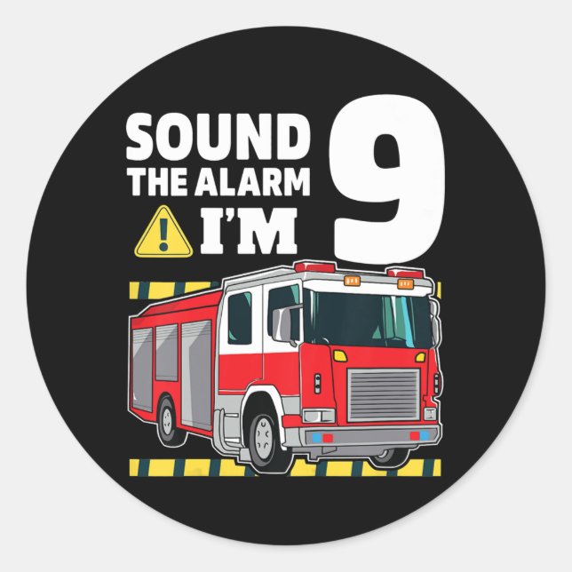 Sticker Rond Enfants 9e anniversaire Garçon Camion d'incendie 9 (Devant)