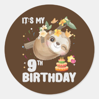 Sticker Rond Enfants 9e anniversaire Sloth Girl Party mignonne 