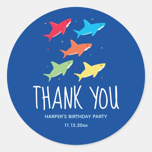 Sticker Rond Enfants Cartoon requin Anniversaire fête Merci (Devant)