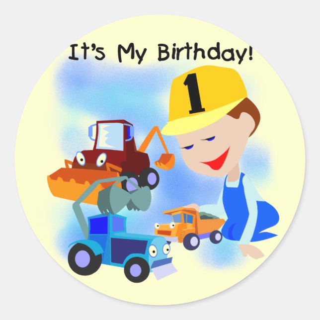 Sticker Rond Enfants Construction 1er Anniversaire T-shirts et  (Devant)