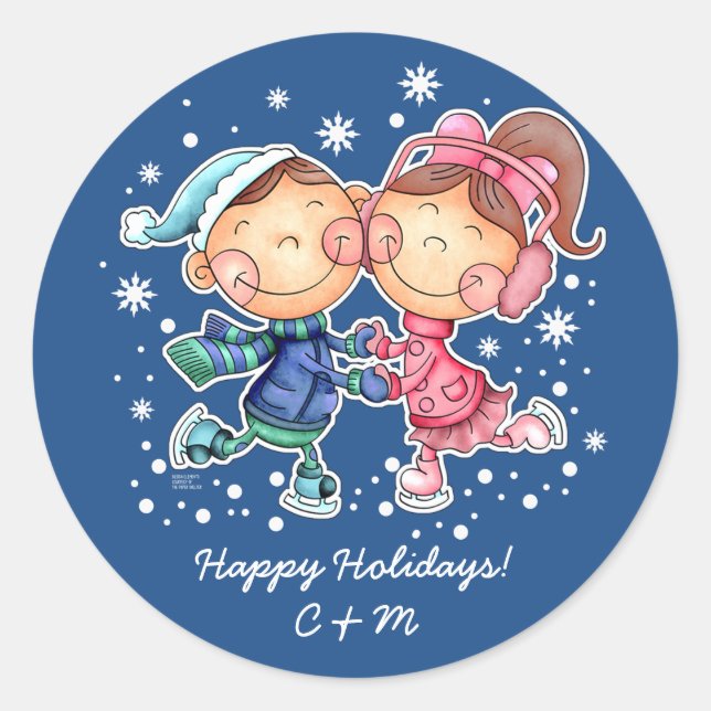 Sticker Rond Enfants de patinage | Monogrammes personnalisés No (Devant)