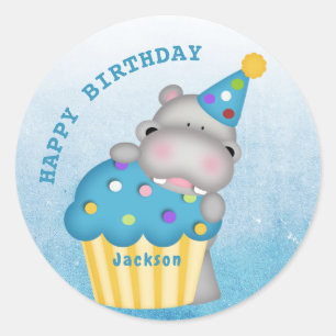 Sticker Rond Enfants Hippo Anniversaire Cupcake Sprinkings Pers