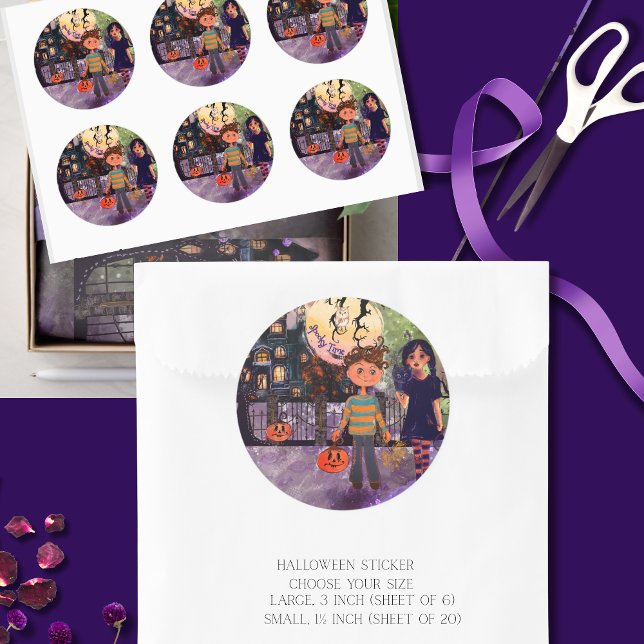 Sticker Rond Enfants Monstres Halloween Temps Sombres (Spooky Time Monster Kids Halloween Classic Round Sticker)