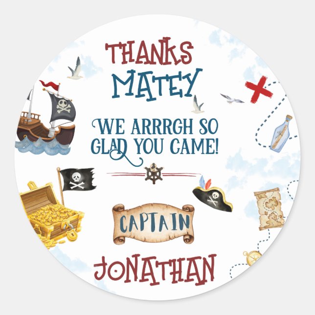 Sticker Rond Enfants pirate fête anniversaire Merci Favoriser (Devant)