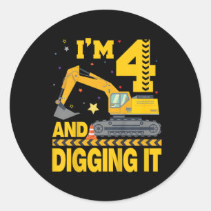 Sticker Rond Enfants quatre 4ans 4e anniversaire Excavateur 4 a