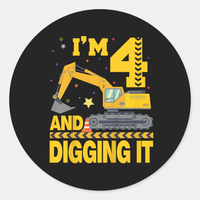 Sticker Rond Enfants quatre 4ans 4e anniversaire Excavateur 4 a (Devant)