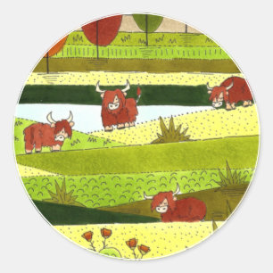 Sticker Rond Enfants Vaches Highland Automne Enveloppe Ferme Ph