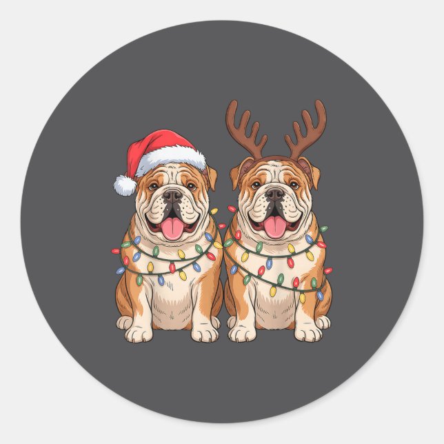 Sticker Rond English Bulldog Christmas Santa Hat Reindeer Light (Devant)