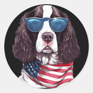 Sticker Rond English Springer Spaniel avec drapeau américain 4 