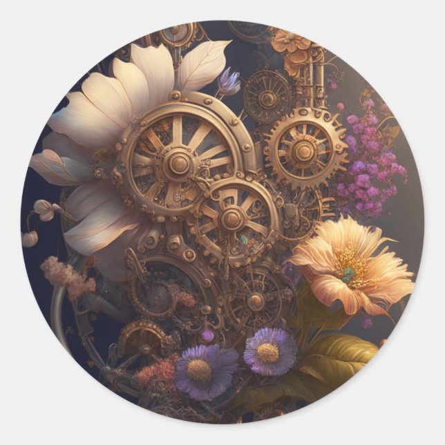 Sticker Rond Engrenages à vapeur et fleurs (Devant)