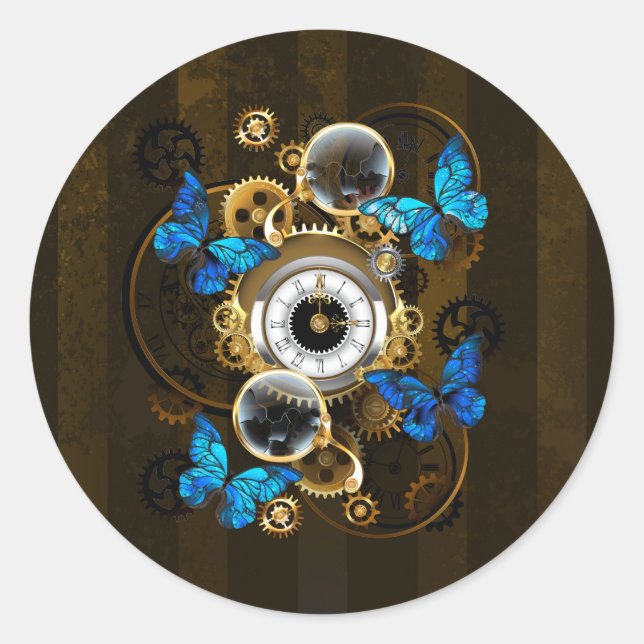 Sticker Rond Engrenages à vapeur et papillons bleus (Devant)