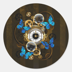 Sticker Rond Engrenages à vapeur et papillons bleus