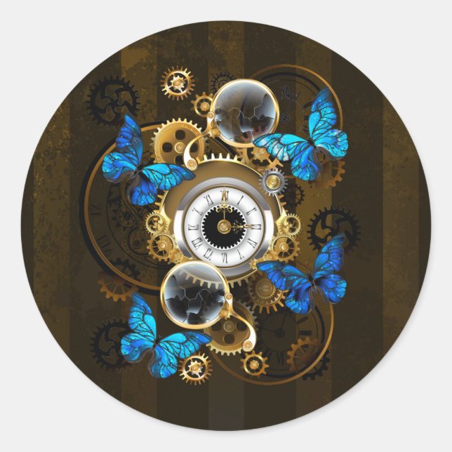 Sticker Rond Engrenages à vapeur et papillons bleus (Devant)