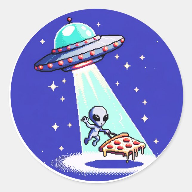 Sticker Rond Enlèvement de pizza Alien - Drôle Pixel Art UFO De (Devant)