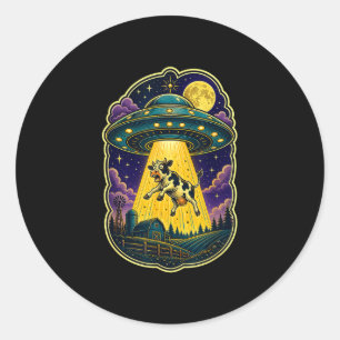 Sticker Rond Enlèvement de vache OVNI drôle de ferme alien