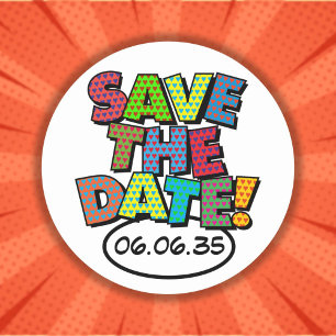 Sticker Rond ENREGISTRER LA DATE Amusant Rétro Bande Dessinée P