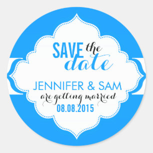 Sticker Rond Enregistrer La Date Cadre Blanc Et Bleu