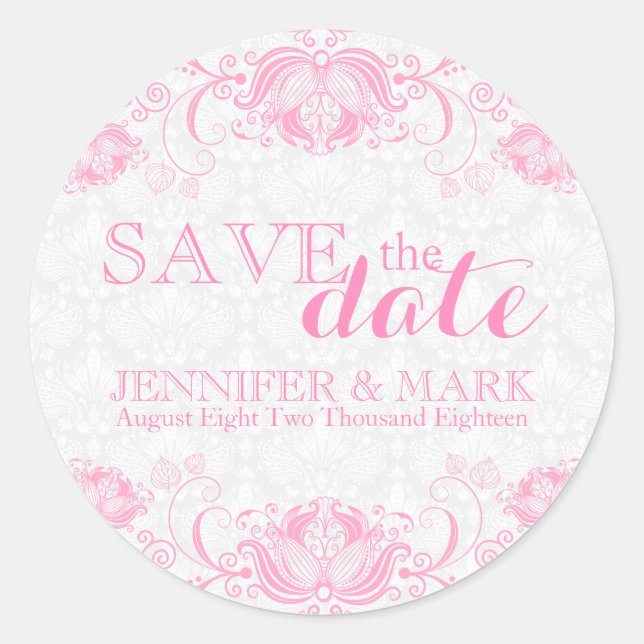 Sticker Rond Enregistrer la date Damas blanches et dentelle ros (Devant)