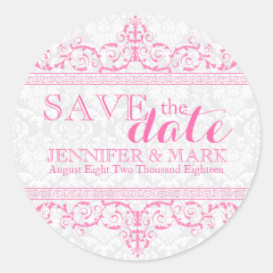 Sticker Rond Enregistrer la date Damas blanches et dentelle ros