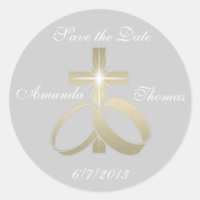 Sticker Rond Enregistrer la date Gold Mariage anneaux et croix (Devant)