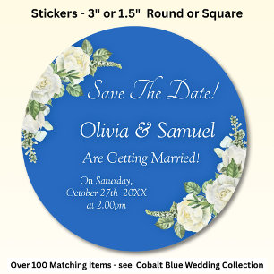 Sticker Rond Enregistrer La Date - Mariage Cobalt Blue & White 