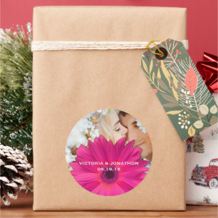 Sticker Rond Enregistrer la date Photo rose Gerber Daisy Mariag