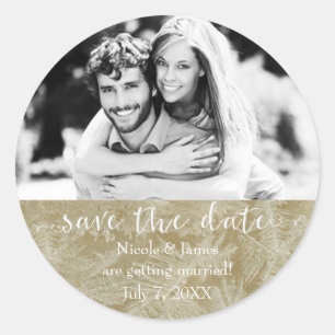 Sticker Rond ENREGISTRER LA DATE Rustic Kraft Paper Winter Phot