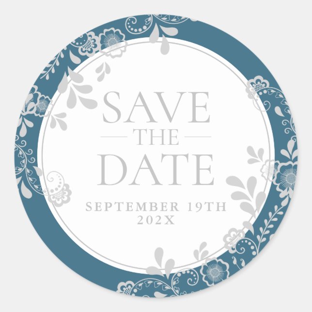 Sticker Rond Enregistrer la date Silver Blue Victorian Floral L (Devant)