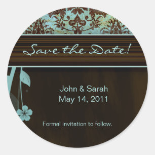 Sticker Rond Enregistrer l'autocollant date Damas Fleur bleu br