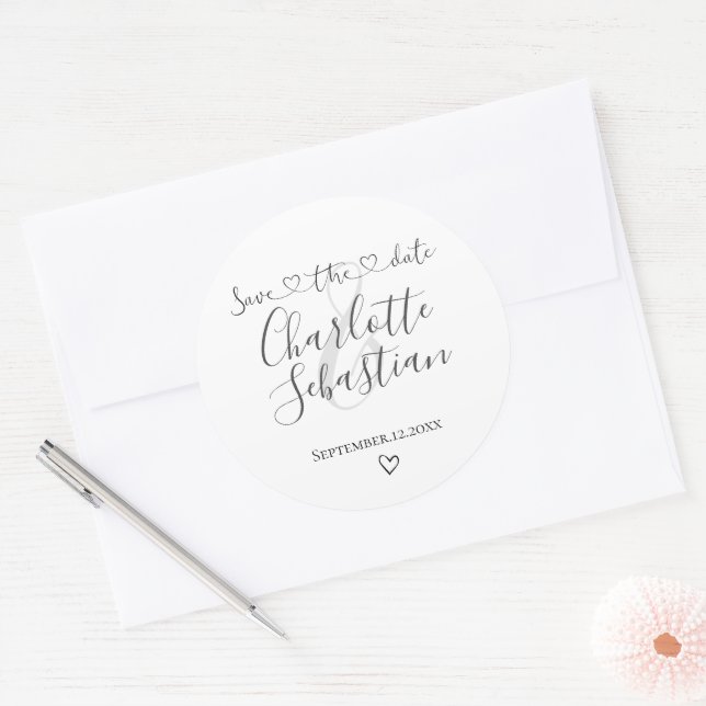 Sticker Rond Enregistrer notre date Coeur manuscrit personnalis (Enveloppe)