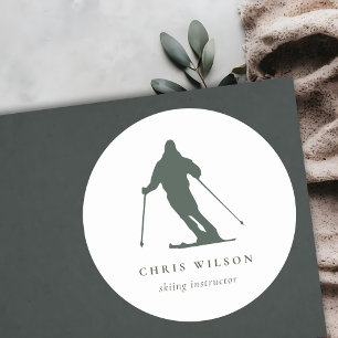 Sticker Rond Entraîneur Silhouette de ski vert minimal
