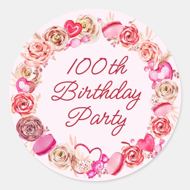 Sticker Rond Enveloppe à cœur tourbillonnant rose pour 100e ann (Devant)