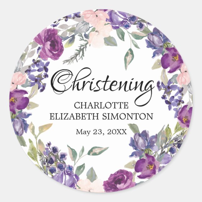 Sticker Rond Enveloppe de baptême florale de Plum Blush (Devant)