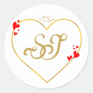 Sticker Rond Enveloppe de mariage à monogramme or cœurs rouges