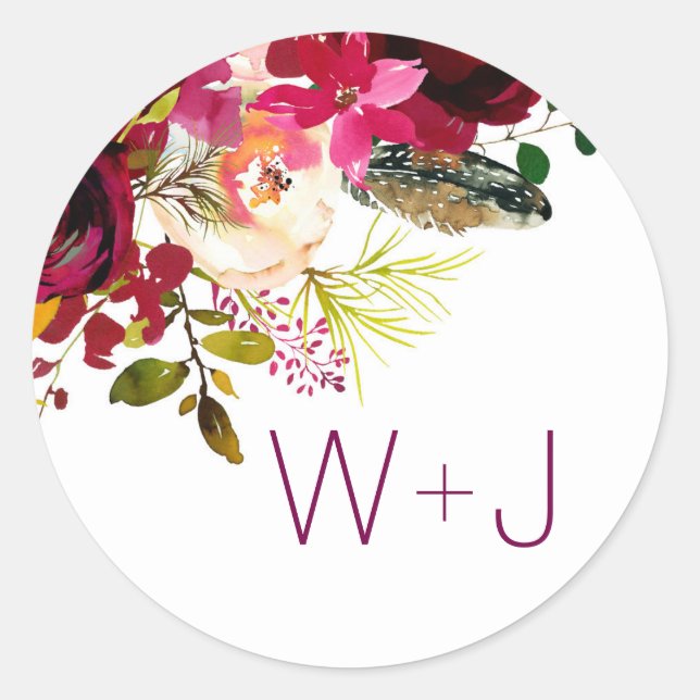 Sticker Rond Enveloppe de mariage Floral Bourgogne 3979 (Devant)