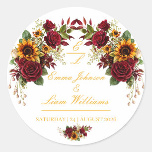 Sticker Rond Enveloppe de mariage floral tournesol Bourgogne