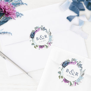 Sticker Rond Enveloppe de Mariage Floral violet et bleu / Favor